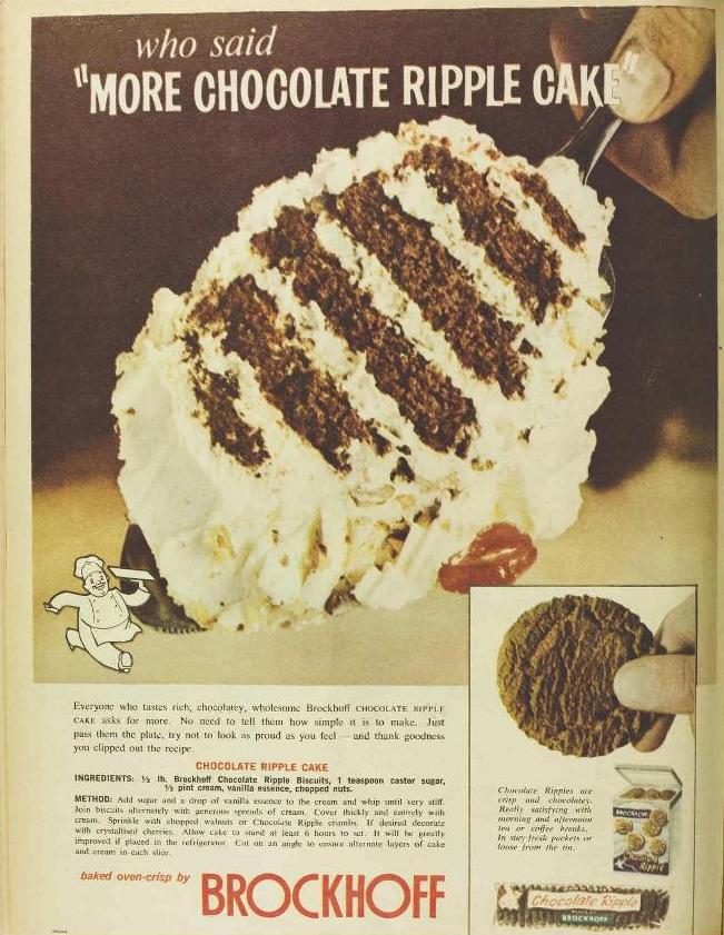 An ad for Brockhoff biscuits with a recipe for chocolate ripple cake. 