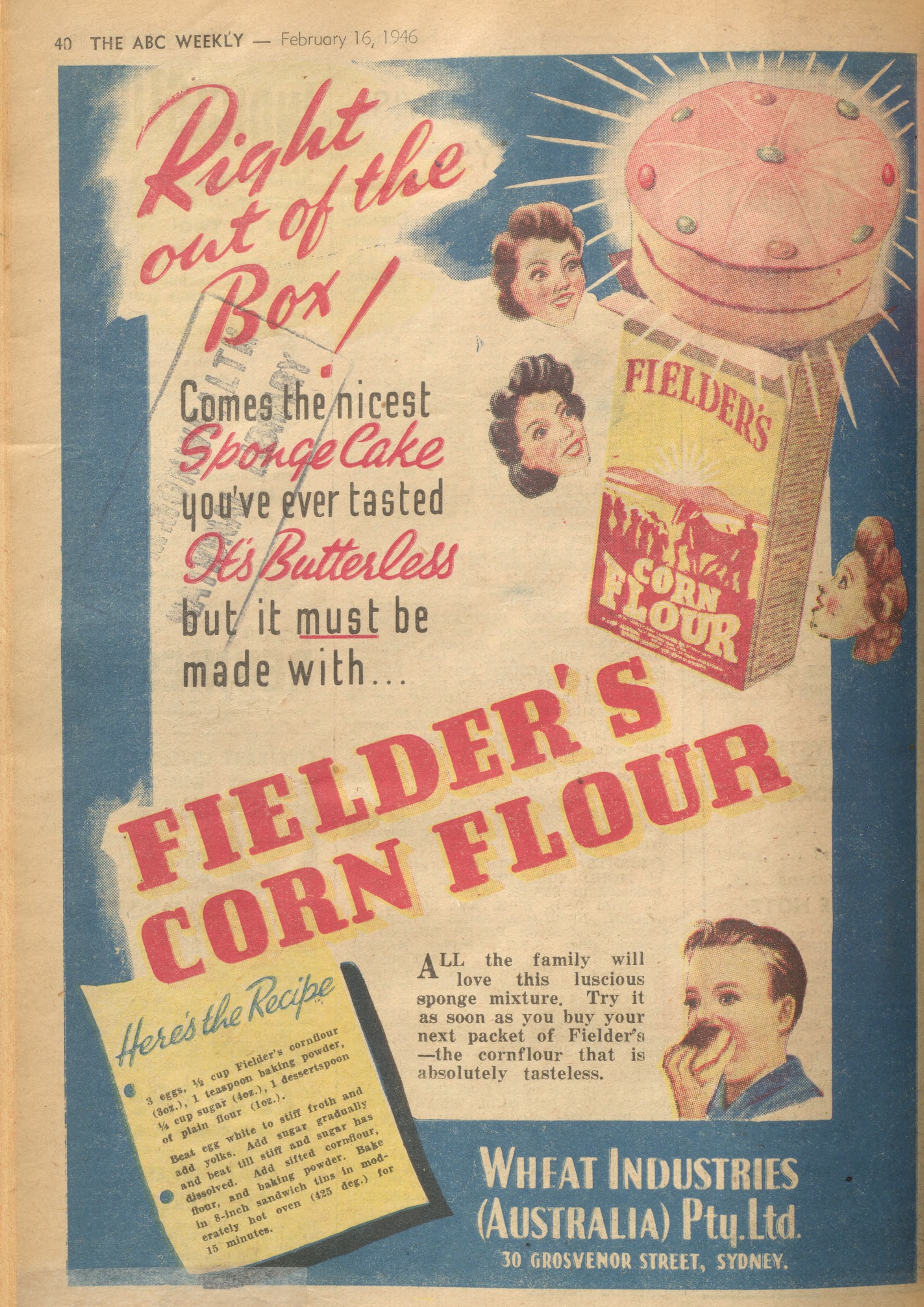 An ad for Fielder's cornflour with a recipe for a sponge cake. 