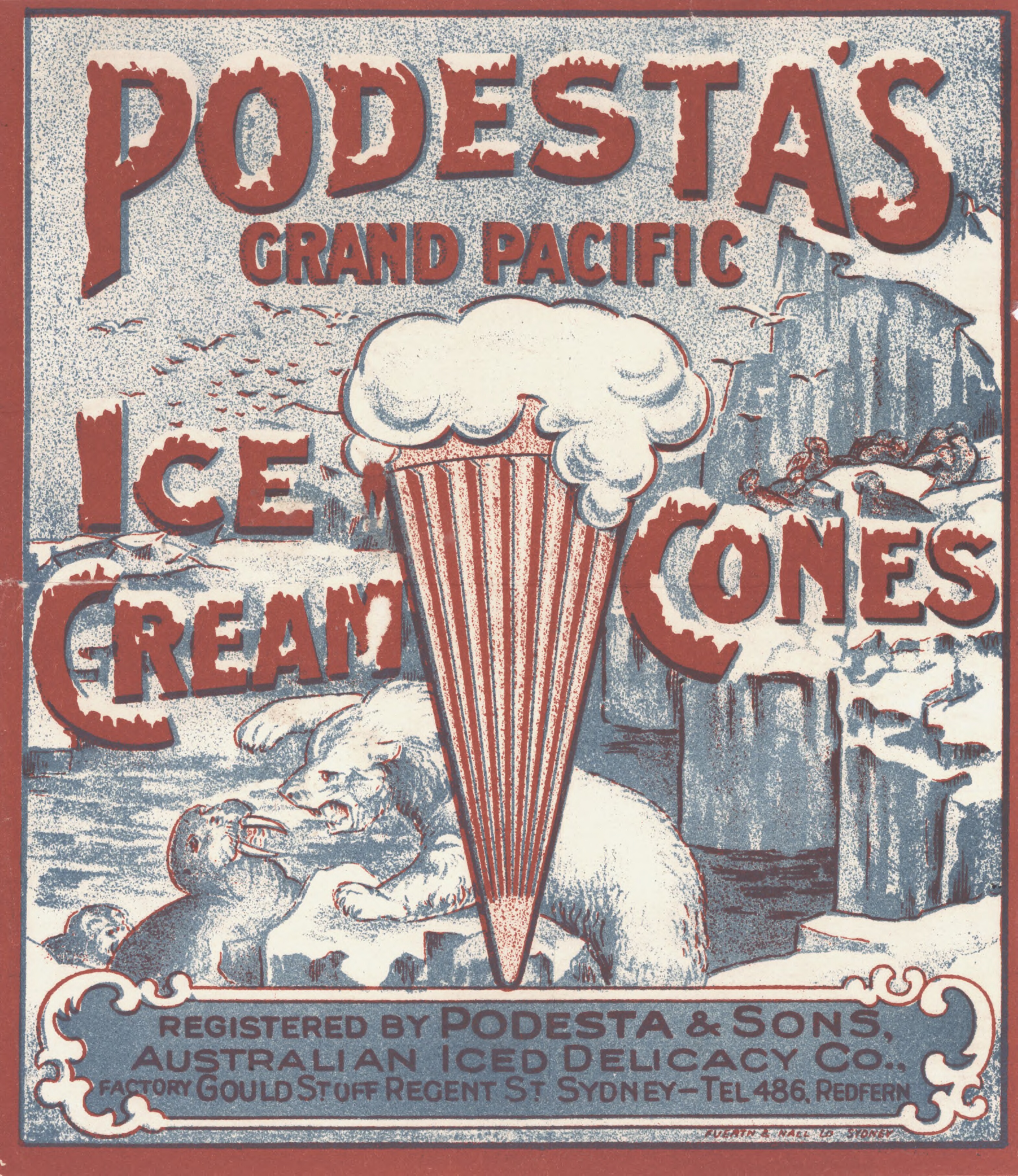 An advertising sign for Podesta & Sons ice cream cones.