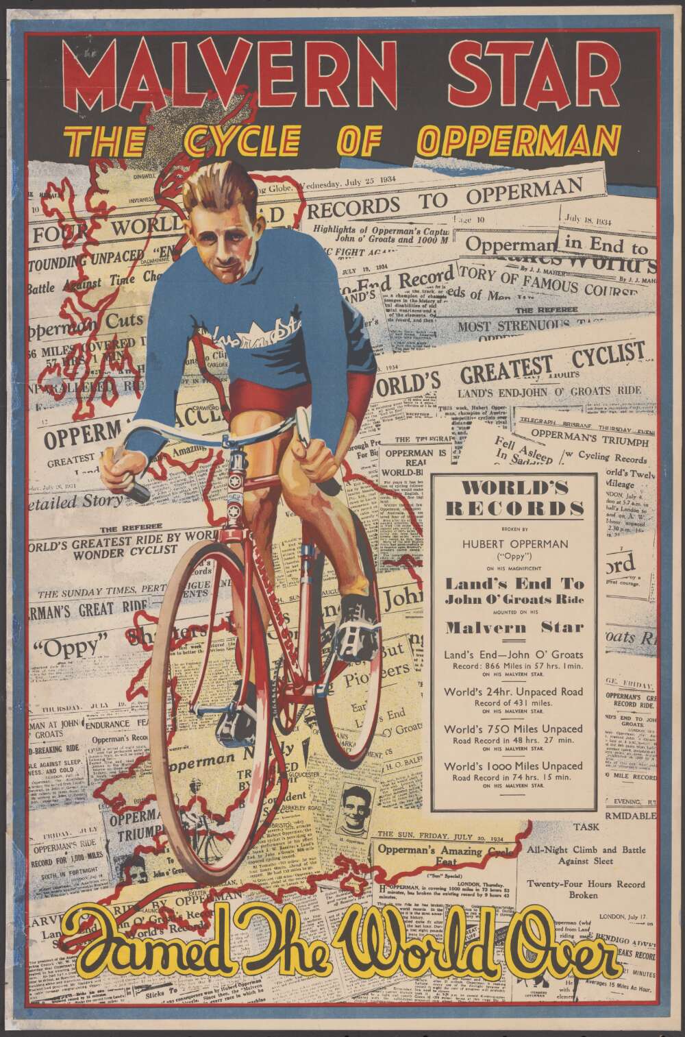 A Malven Star poster featuring an illustration of Oppy riding his bike. The poster includes a list of the world records Oppy has broken on his Malvern Star.