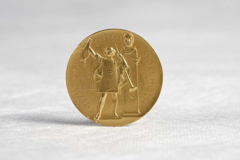 A gold medal from the 1912 Olympic Games held in Stockholm.
