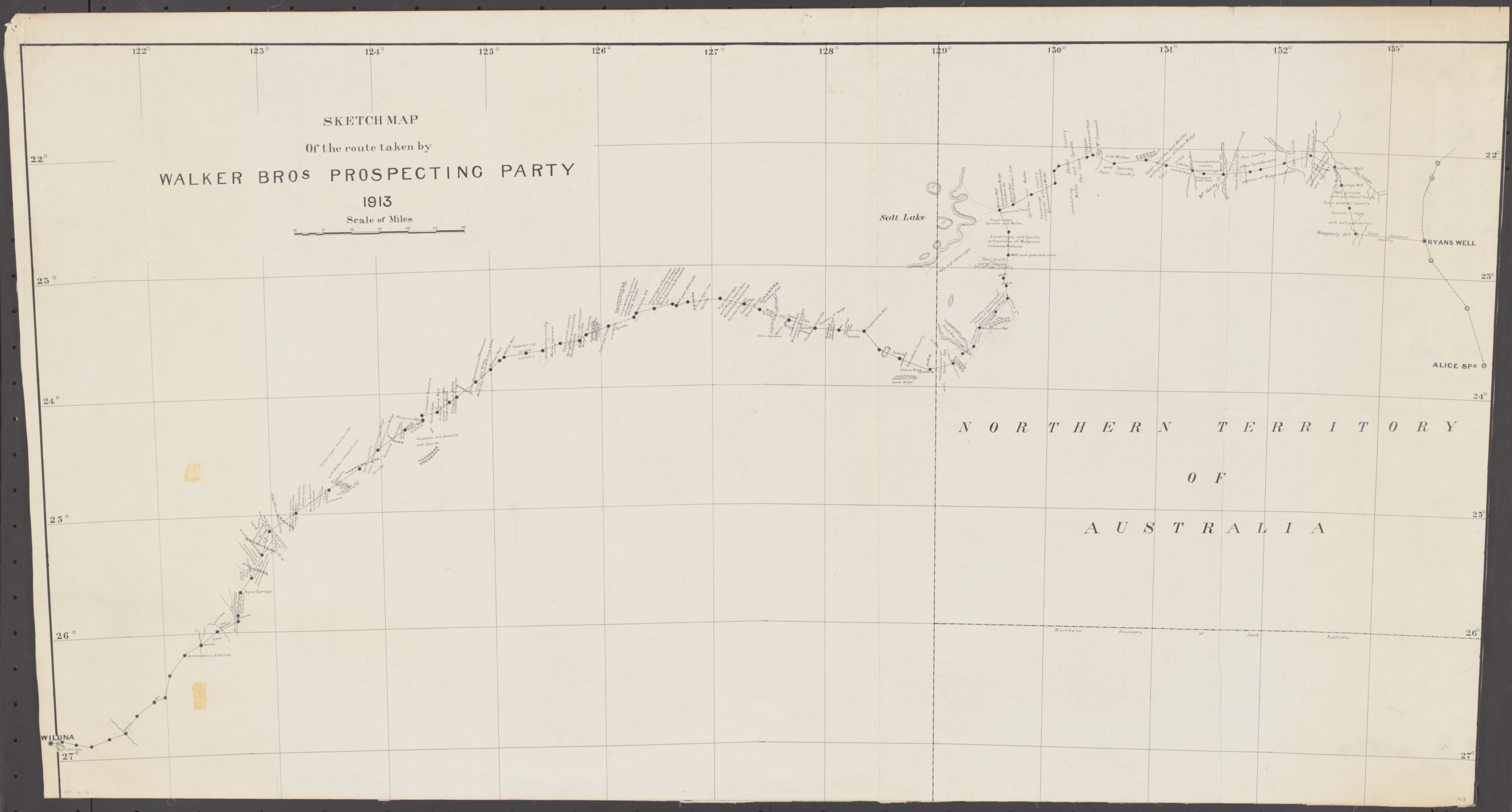 Sketch map of the route taken by Walker Bros prospecting party 1913
