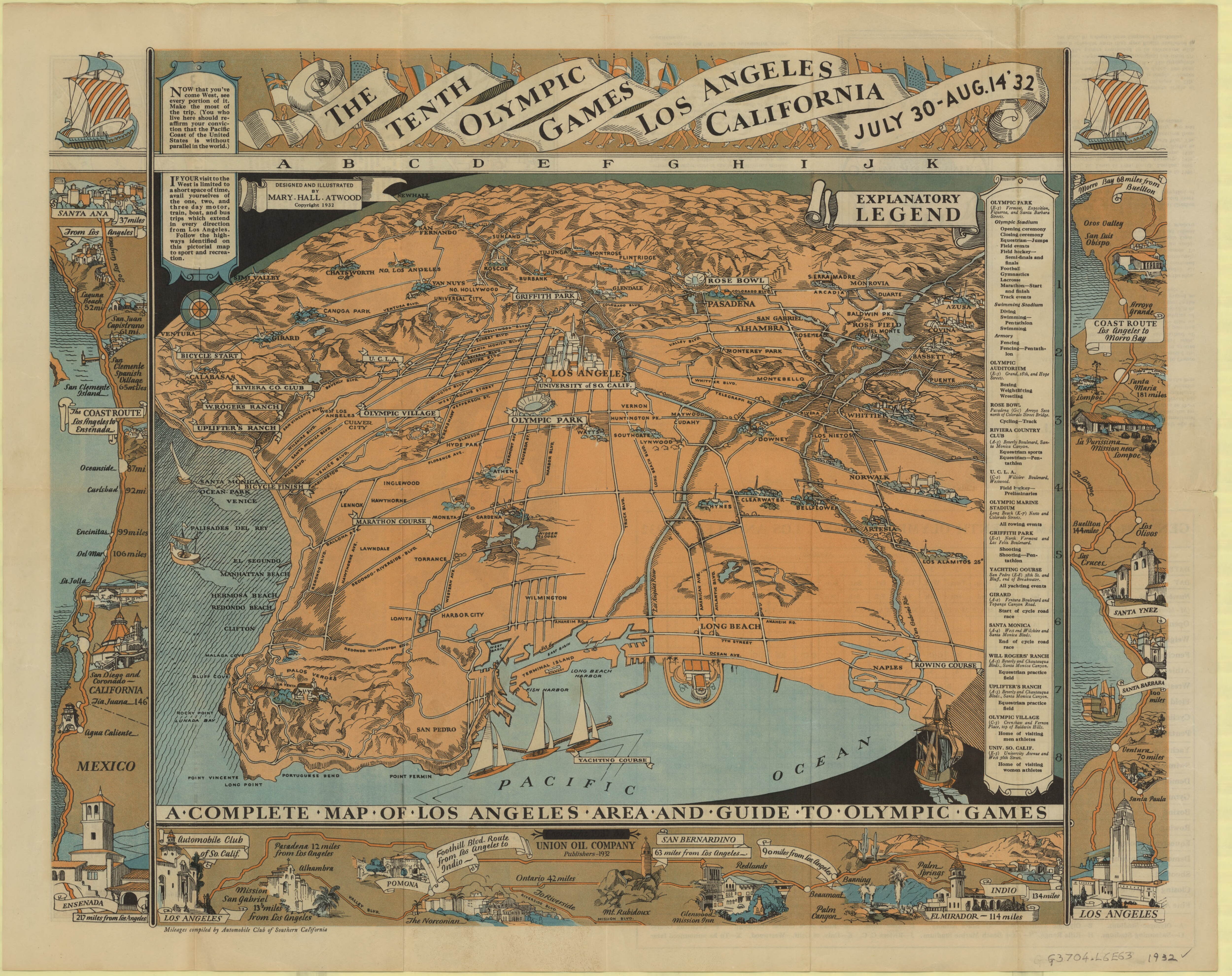 A map outlining the event locations of the 1932 Los Angeles Olympic Games.