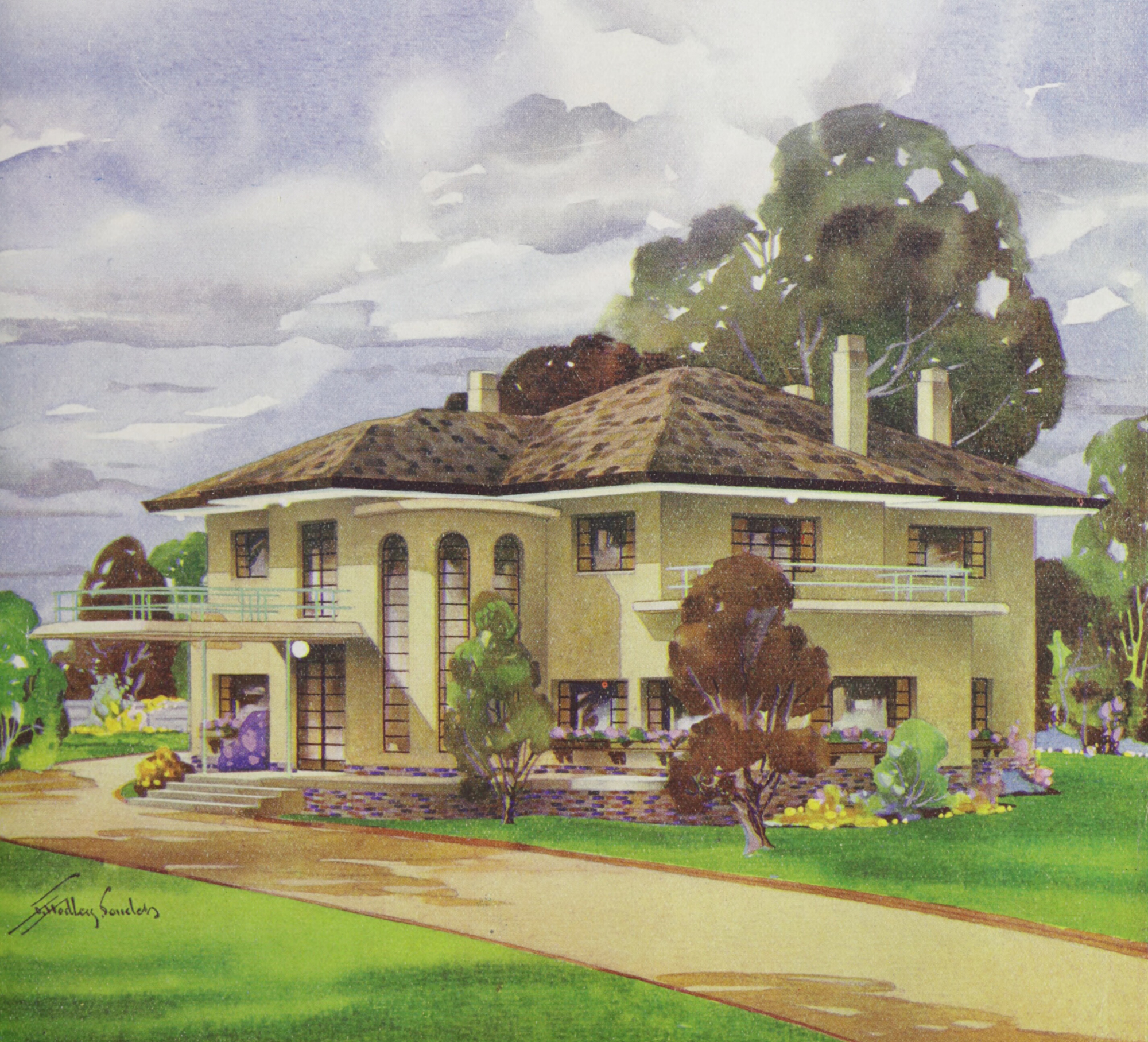 Colour illustration of a large two-storey yellow house surrounded by lush gardens.