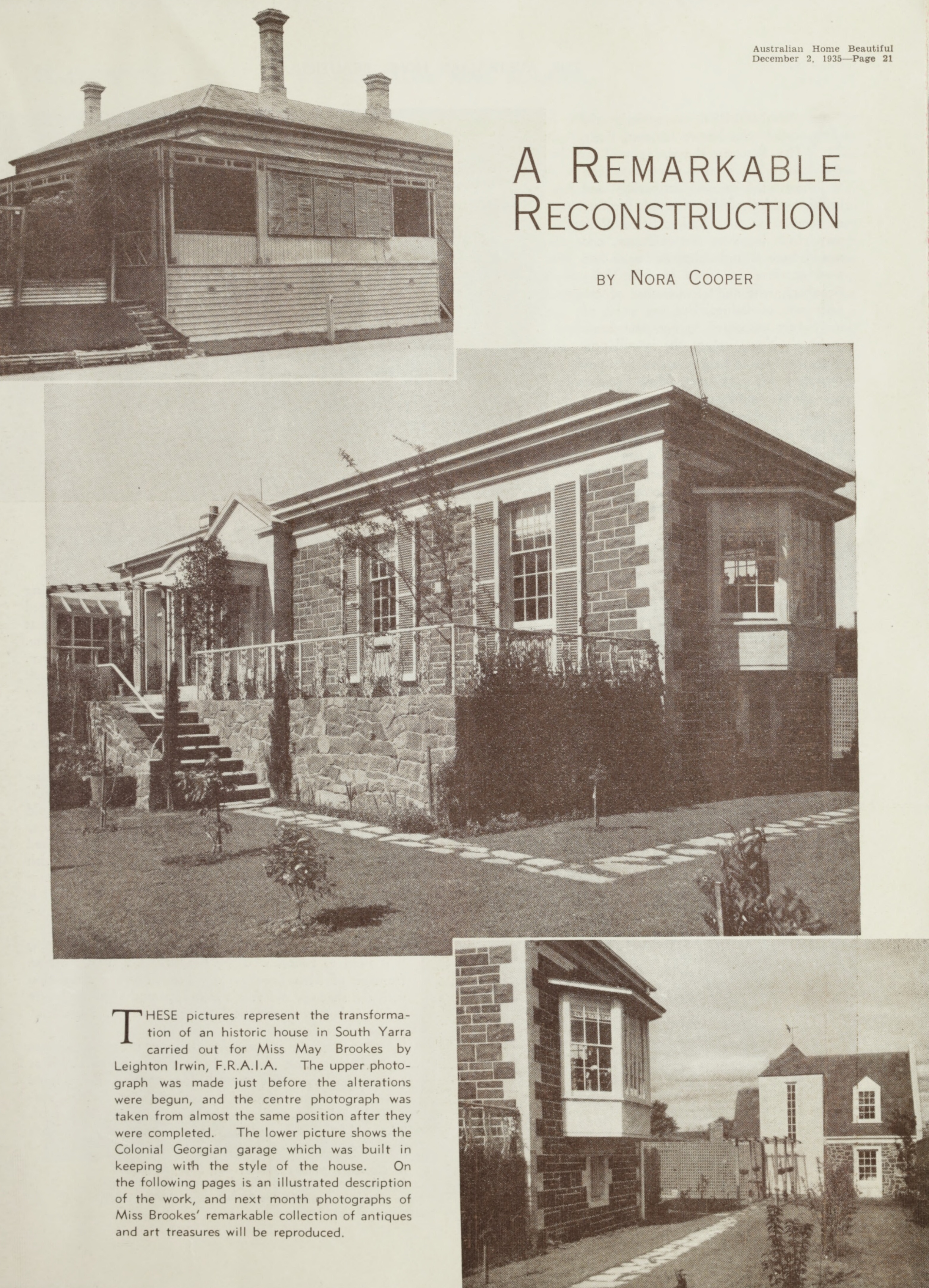 magazine page showing before and after photos of a colonial georgian house reconstruction