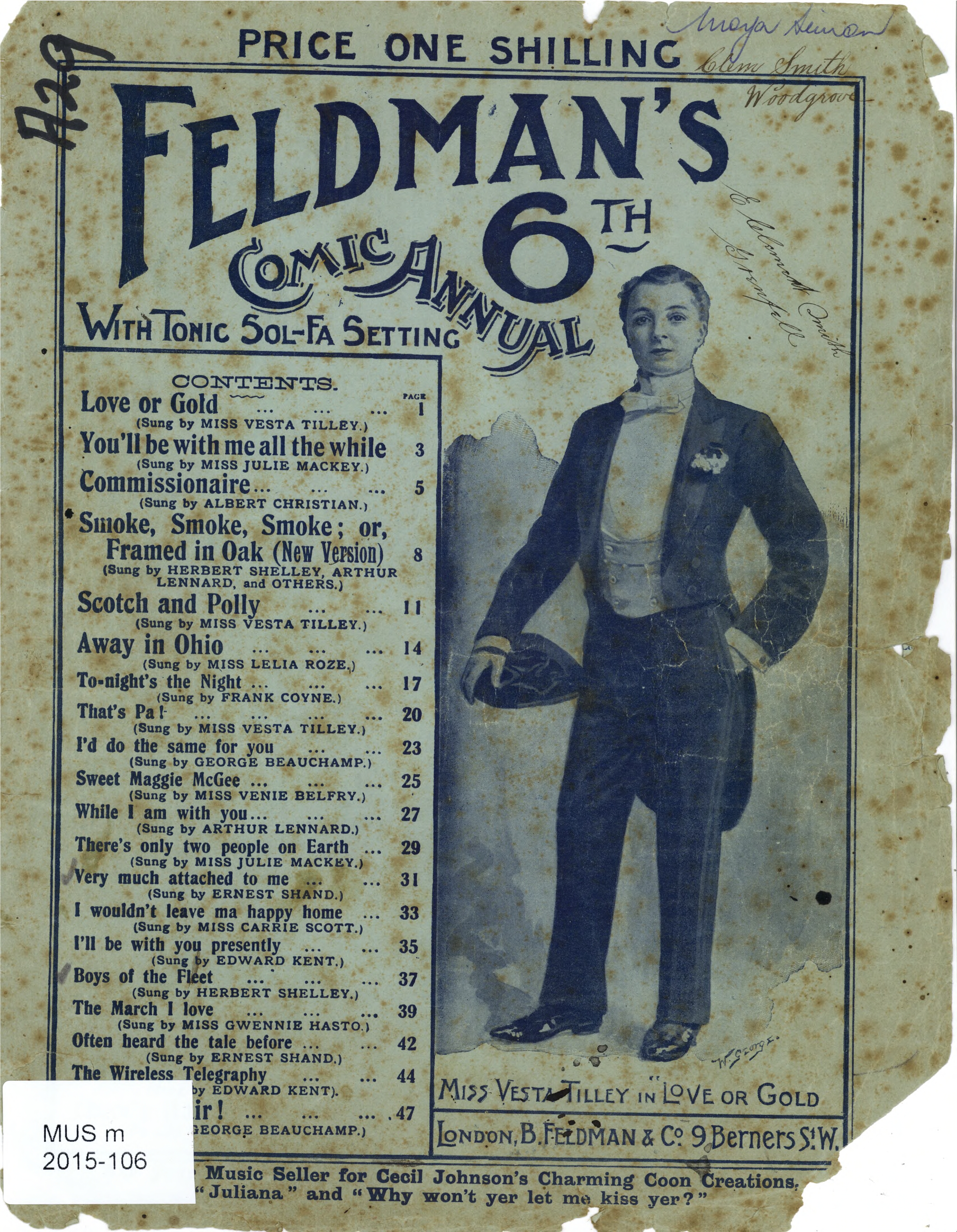 Sheet music for Feldman's 6th comic annual. There are a number of songs listed with the first being 'Love or Gold sung by Vesta Tilley.'