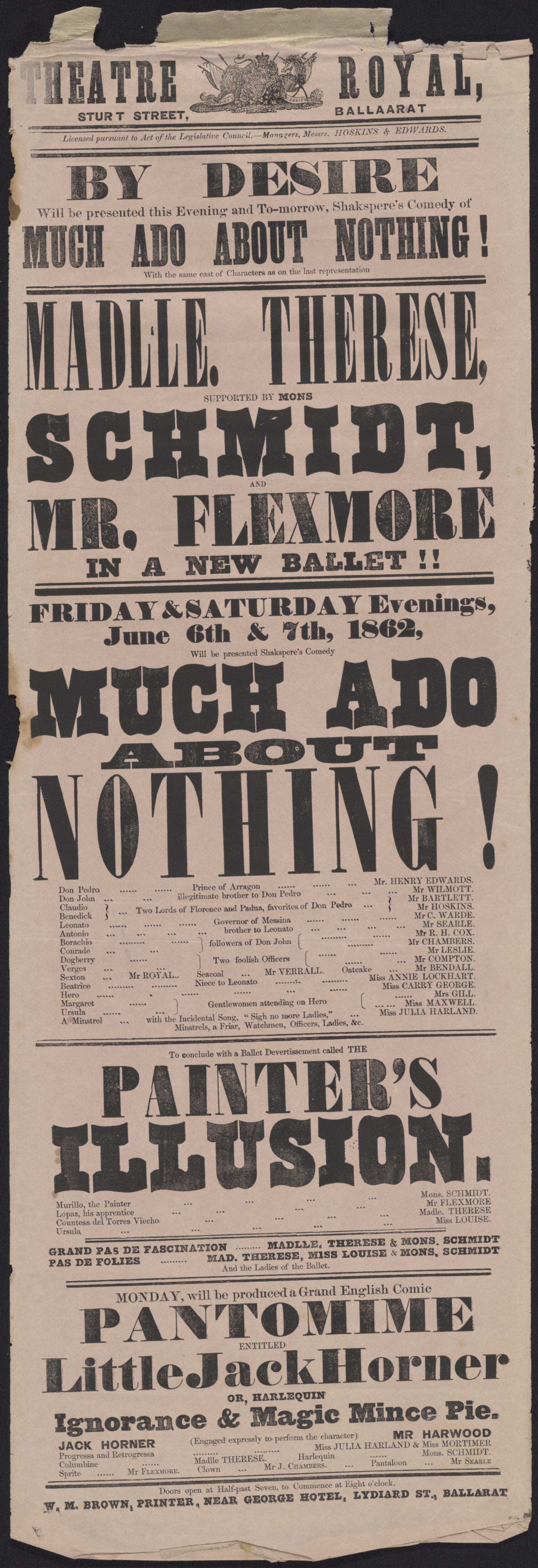 Playbill for Much Ado About Nothing play being shown in 1862 in the Ballarat Theatre Royal.