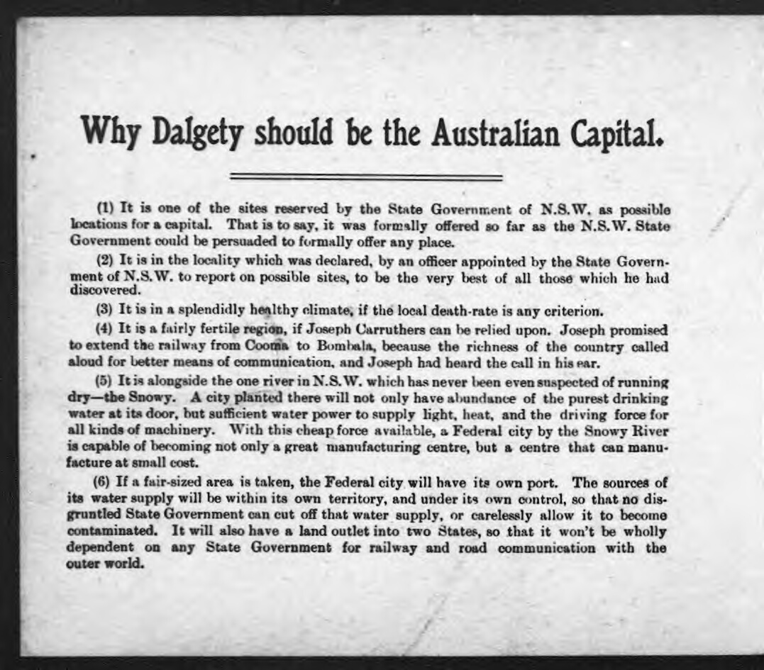 Page 5 of 'The Bulletin postcard - National Capital series' arguing against the selection of Canberra as the site for the naitonal capital.