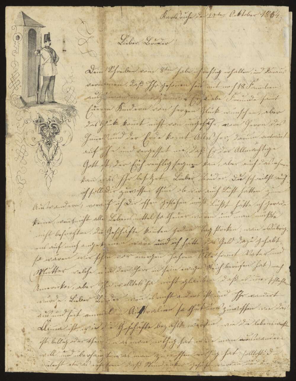 Handwritten letter with an image of a man standing guard in front of a building in the top left corner