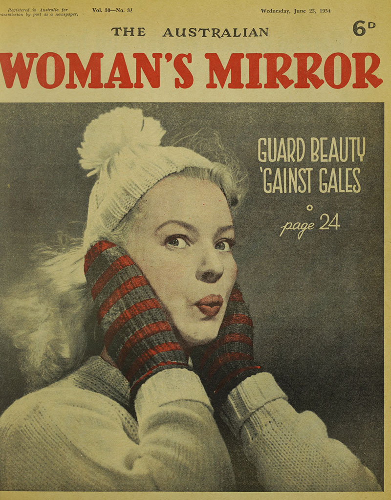 cover of the Australian Women's Mirror showing a women wearing a knitted beanie and mittens