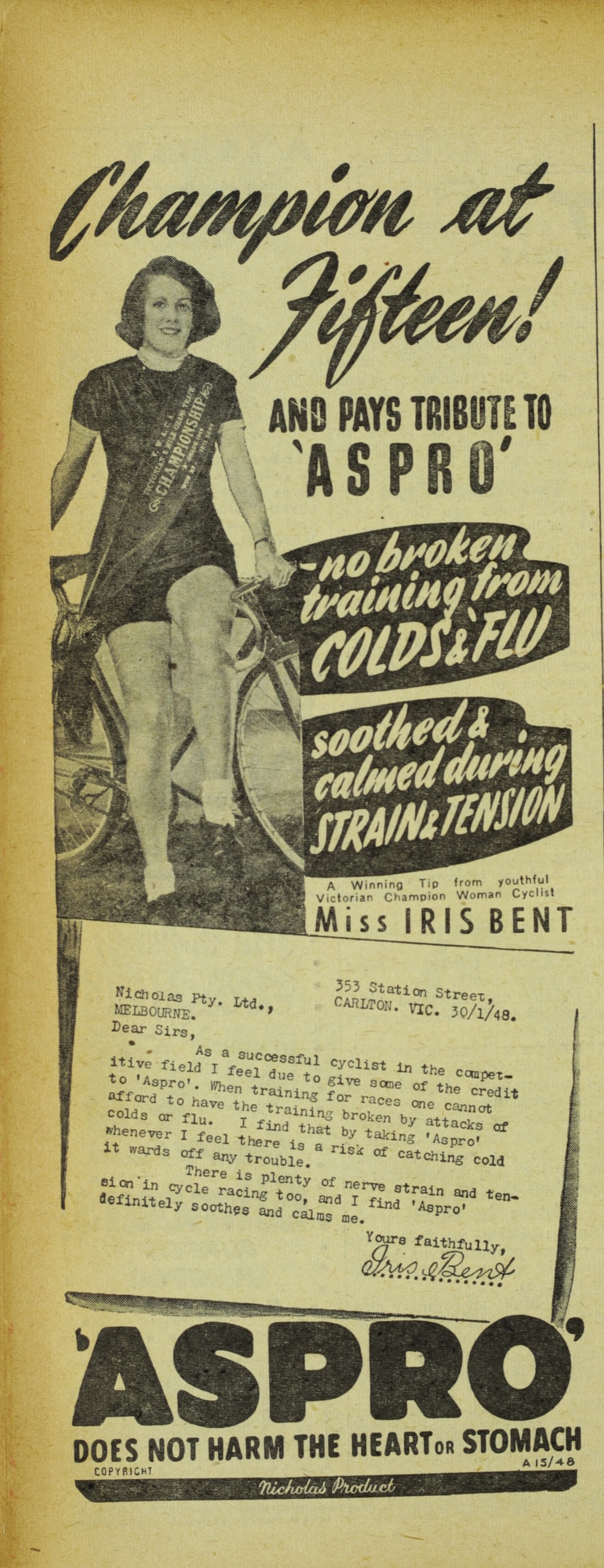 An advertisement for Aspro featuring Iris Bent as the celebrity endorsement. The heading of the advertisement reads 'Champion at Fifteen!'