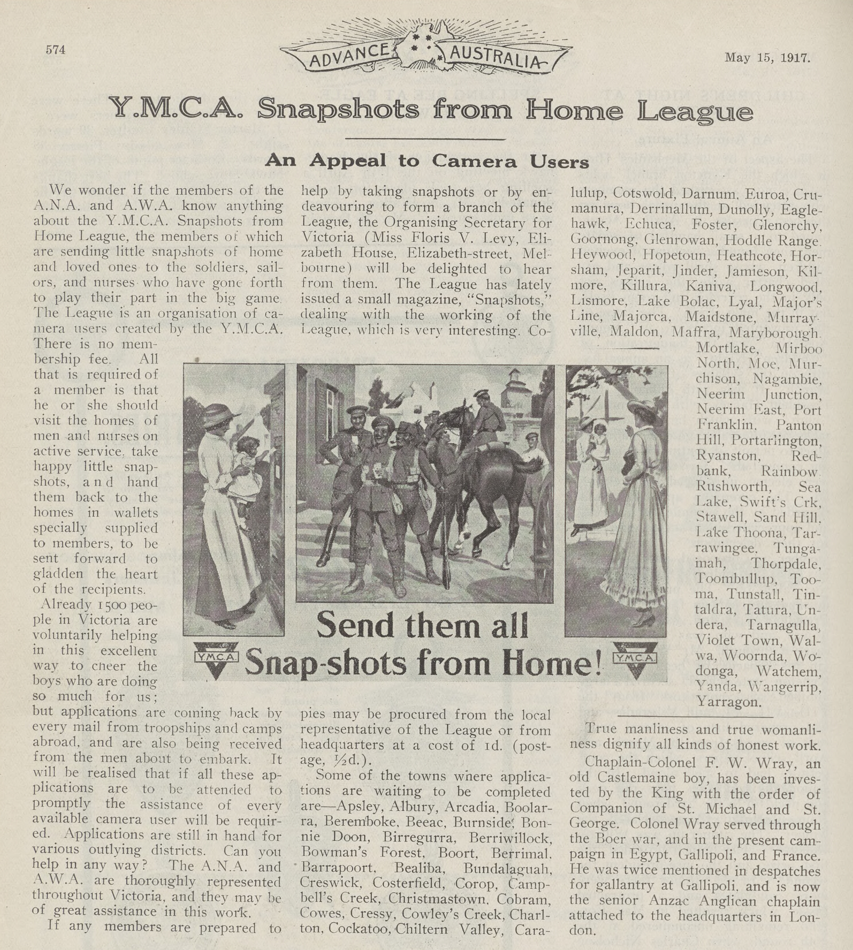 article and advertisement for Y.M.C.A Snapshots from Home League