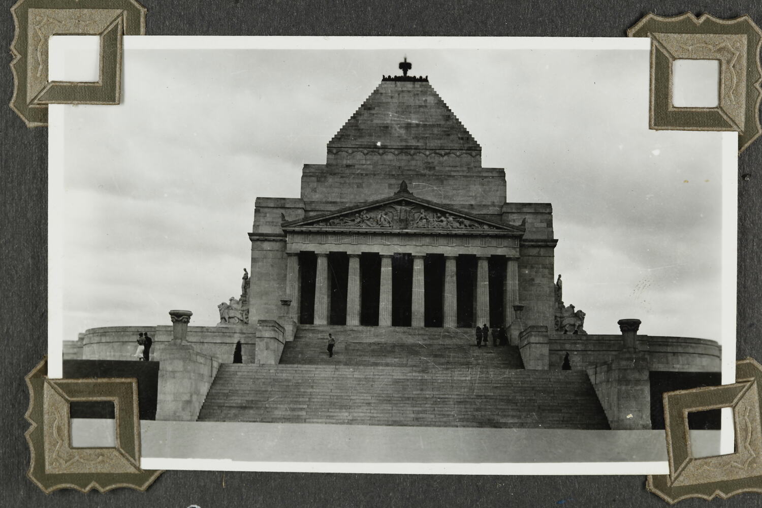 black and white photograph of the front of the shrine of remembrance