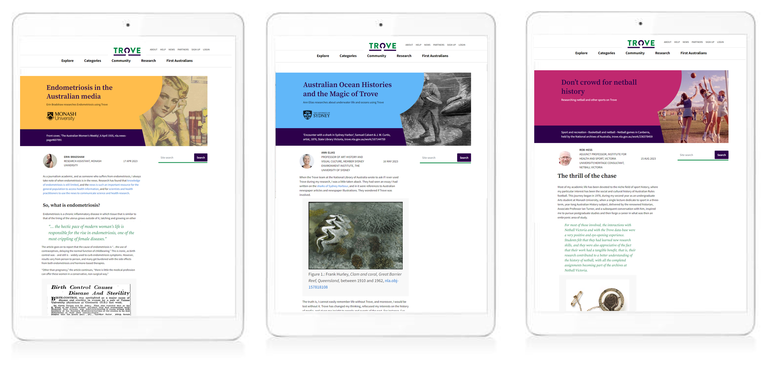 Image of three ipads with a Trove researcher highlight on each
