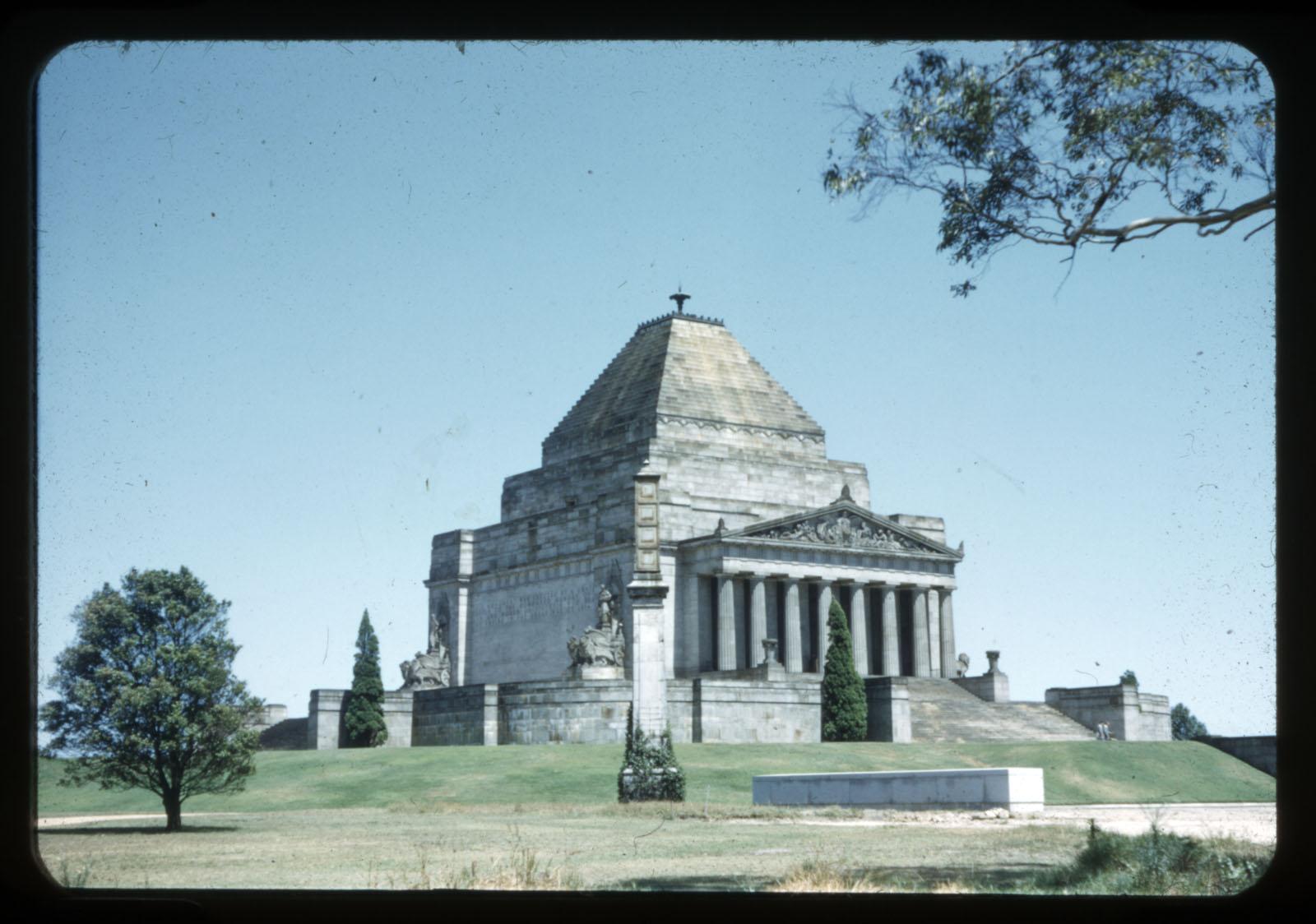 Colourised photo of the Shrine of Remembrance