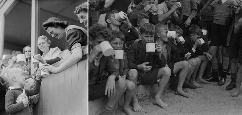 Two photographs side by side. On the left, a women leans out of a high up window to hand a cup of soup to a young girl. On the right, a group of young boys, not wearing any shoes, drink their cups of soup