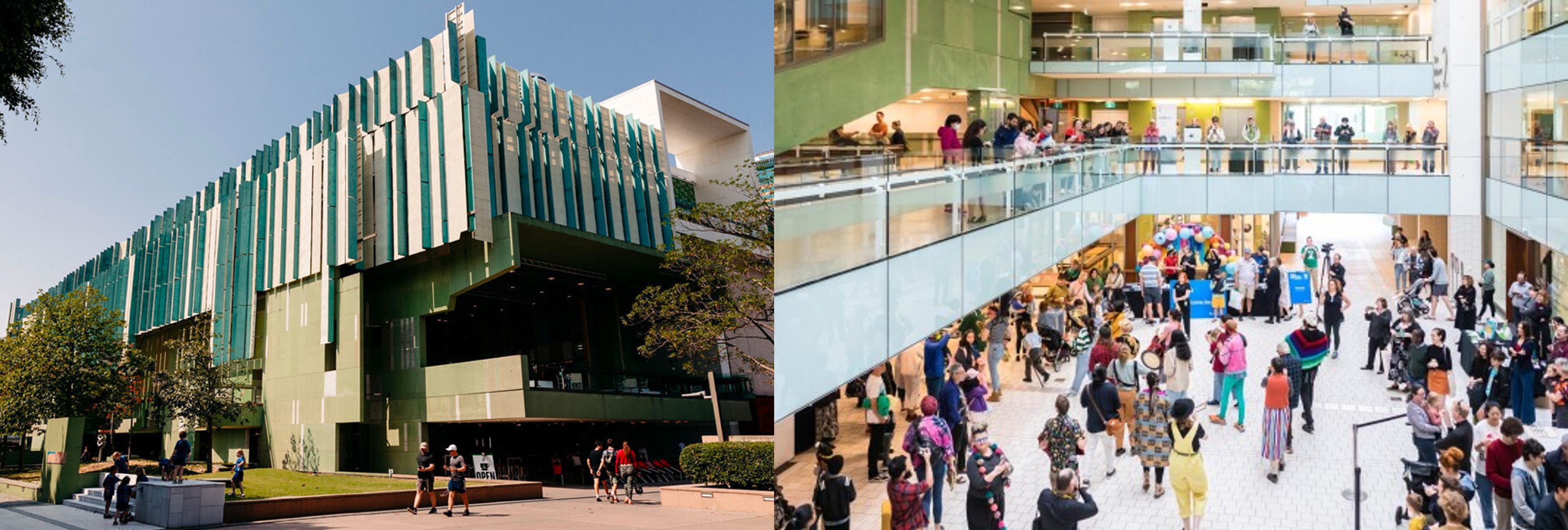 The State Library of Queensland building and foyer full of people