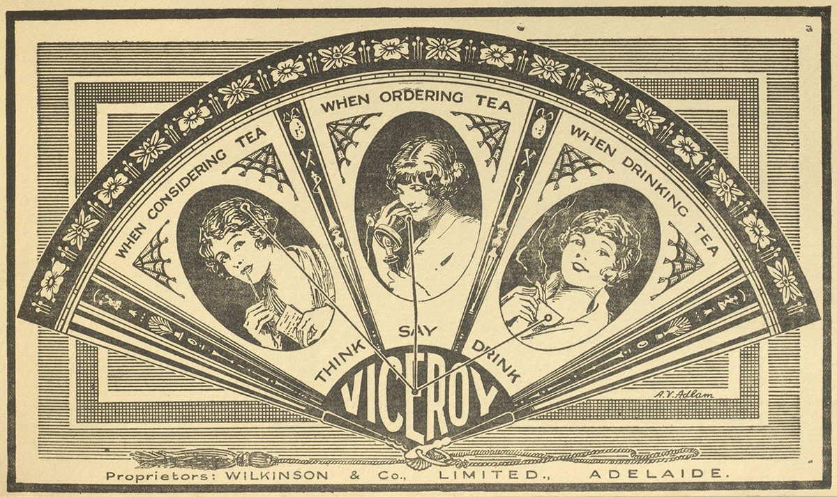 Ad for Viceroy. It shows an illustration of a hand fan with a cartoon sketch of a women ordering and drinking tea on it