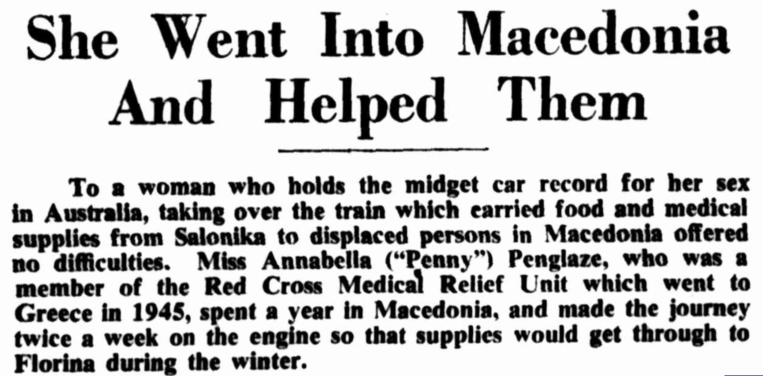 Newspaper article entitled 'She Went Into Macedonia And Helped Them'