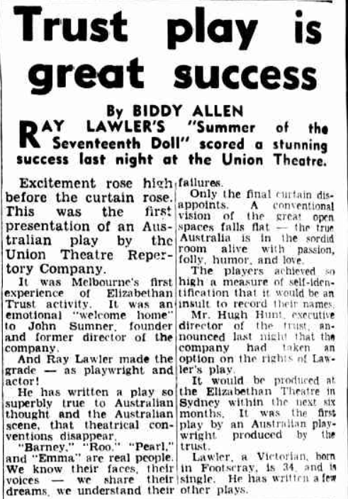 Newspaper article titled Prize play to open here from The Argus (Melbourne, Vic.), 1955