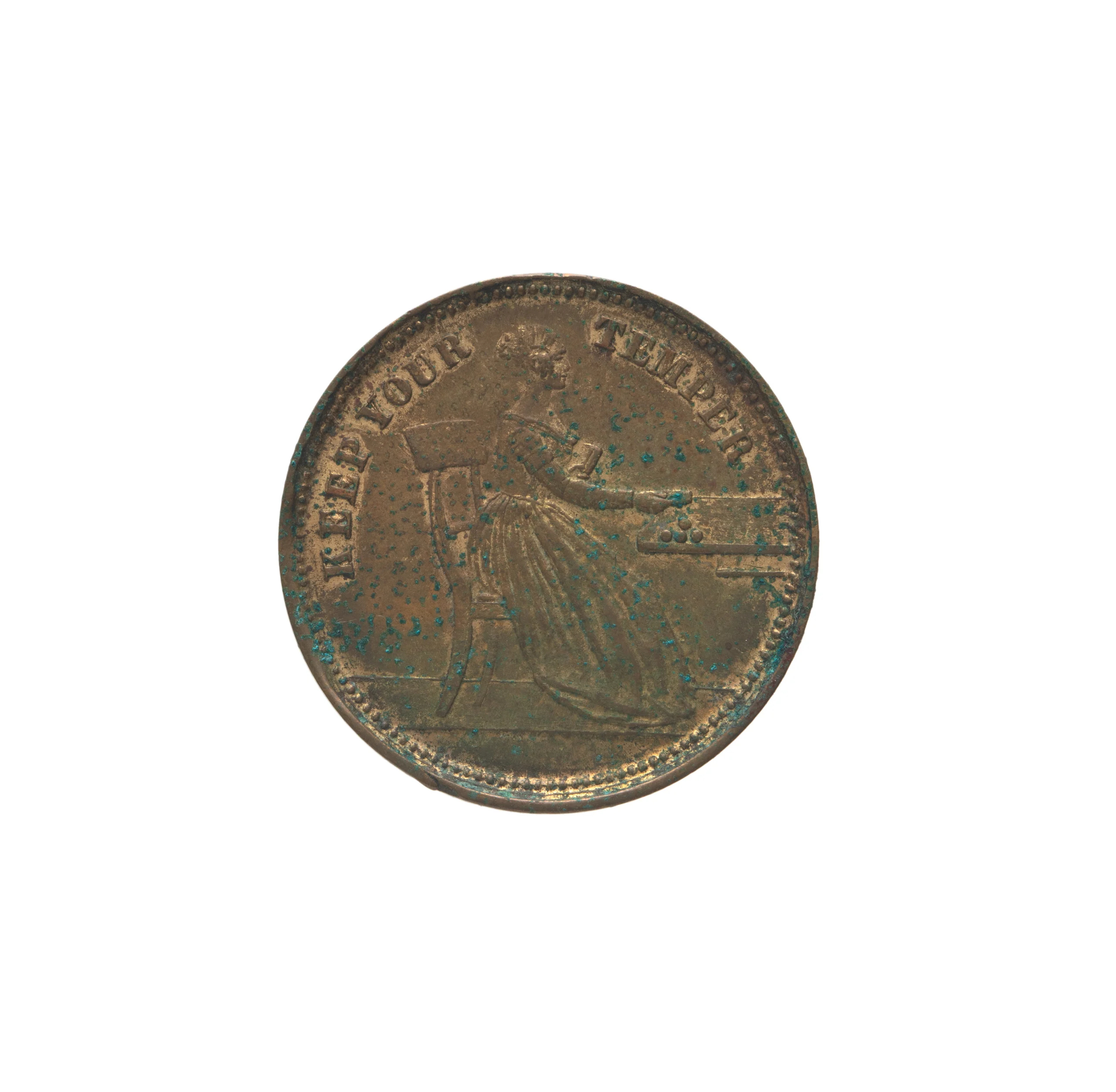 A metal token engraved with the words 'Keep your temper"