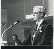 Professor Frank Fenner at the ceremony of declaration of global eradication of smallpox on 8 May 1980