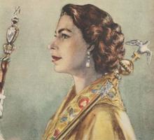 Front cover of the Australian Women's Weekly, 10 June 1953 showing an artwork of hands holding the crown over Queen Elizabeth II's head
