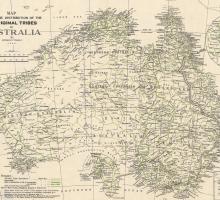 Map from 1940 showing the distribution of the Aboriginal tribes of Australia as documented by Norman B. Tindale
