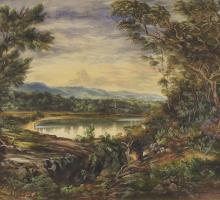 Painting of the Shoalhaven River. The scene appears at sunrise or sunset with the sky in yellow and purple. Dark trees frame the edges of the frame and are reflected in the still water of the river.