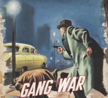 Colourful illustration of man in a green coat holding up a gun. In front of him a man in a brown coat is on the ground, and a yellow car is on the street