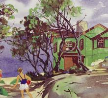 Detail of the Cover of Home Beautiful magazine featuring colour illustration of a green house overlooking a beach. 