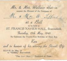 Invitation to a ball at St Francis Xavier Hall in Beaconsfield to celebrate a 21st birthday. 