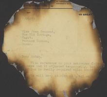 Burnt correspondence to Dame Joan Hammond about a metronome
