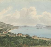 Watercolour of a harbour showing bushland and buildings on the foreshore, a jetty and tall ships in the harbour